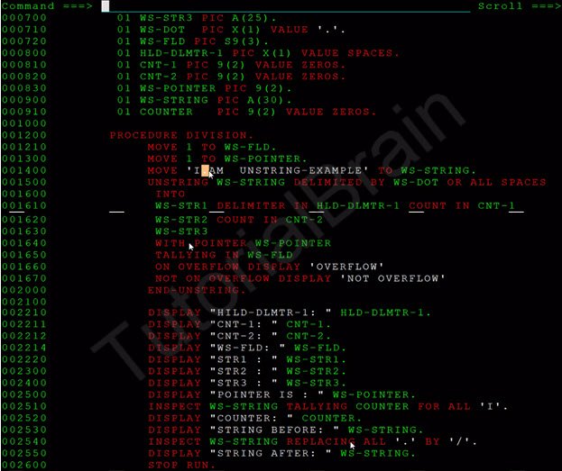 TutorialBrain-REPLACING operation used in UNSTRING in COBOL