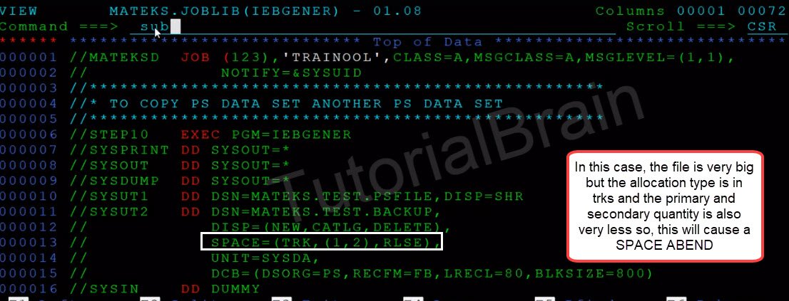 Improper value of space parameter in JCL can lead to SB37 ABEND or SE37 Abend