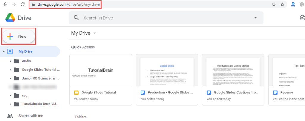 How open Google slides google drive new button