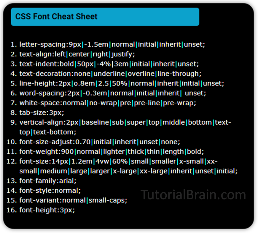 CSS Font cheat sheet