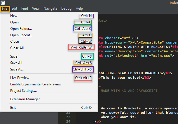 Brackets File Menu