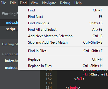 Brackets Find, Skip, Replace, Find next in File