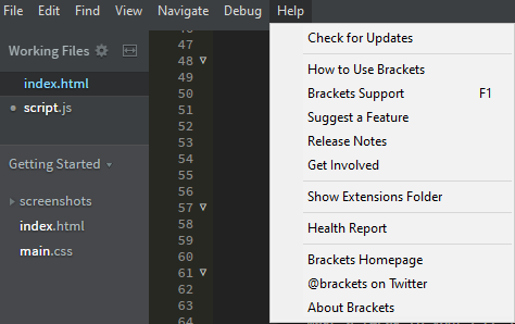 Brackets Help Menu