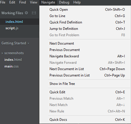 Brackets navigate quick open next Prev document