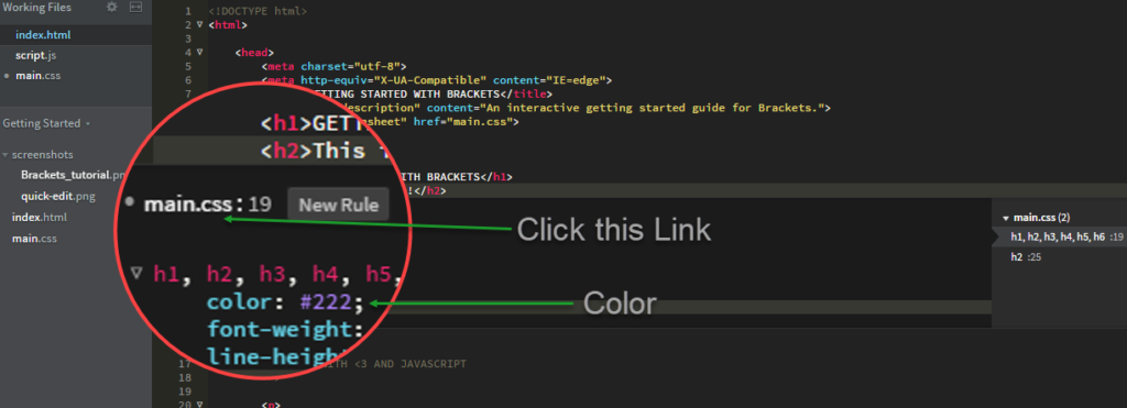 Brackets quick edit link for file