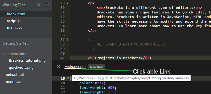 Brackets Quick Edit Clickable Link