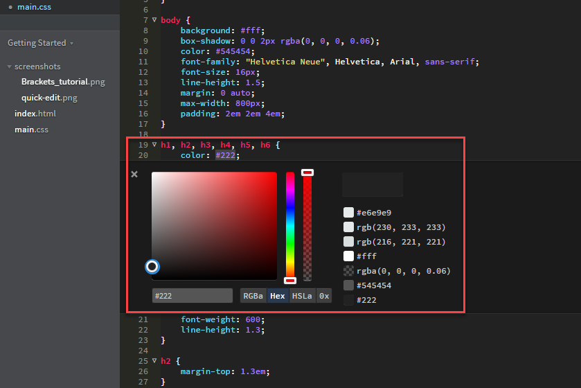 Brackets quick edit color picker