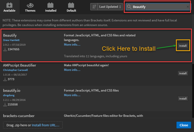 Brackets search Install extension