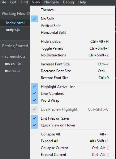 Brackets View Menu showing Themes, split details, Font related, Linting, Line numbers etc.