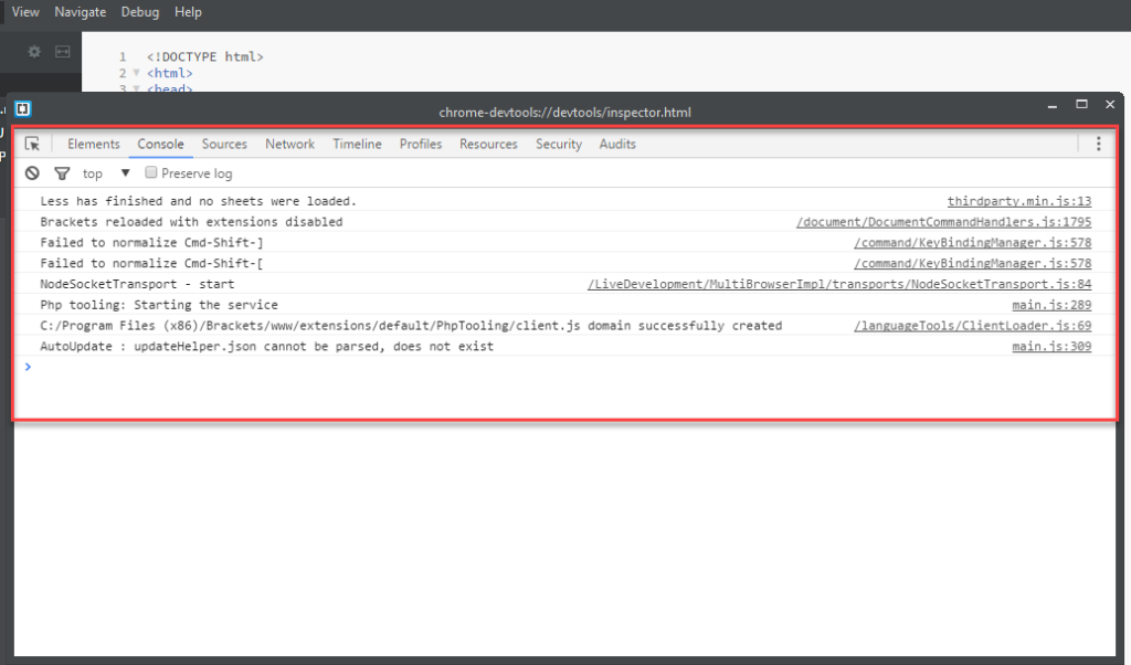 Brackets Developer tools console showing no errors