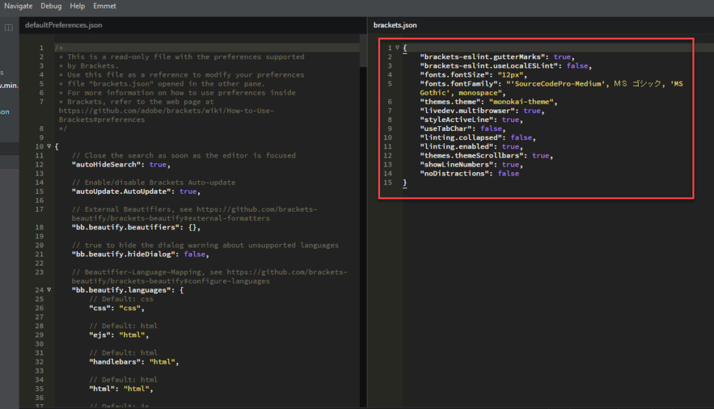 Brackets preferences file