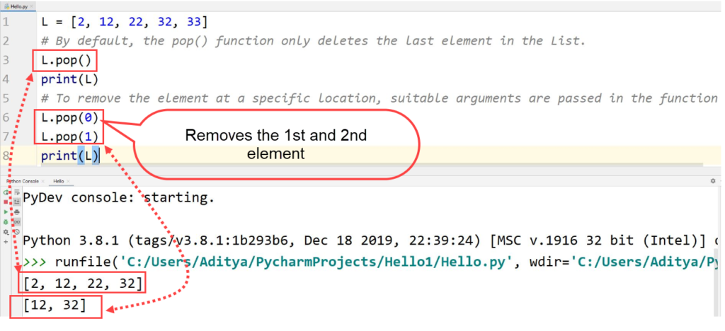 Python deleting elements pop method