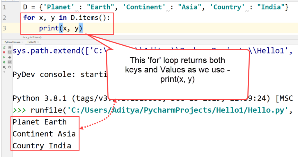 Python for loop both keys values dictionary