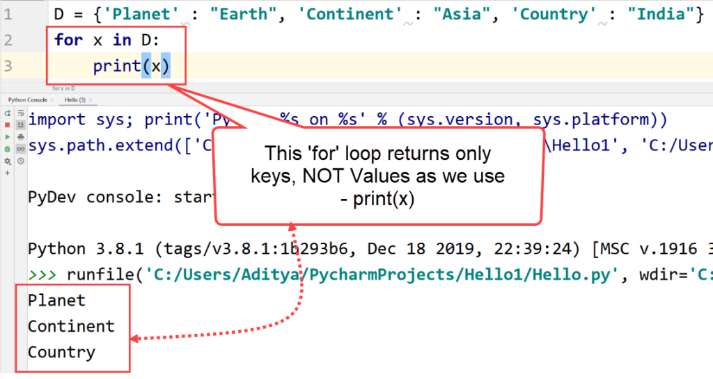 Python - for loop only keys dictionary