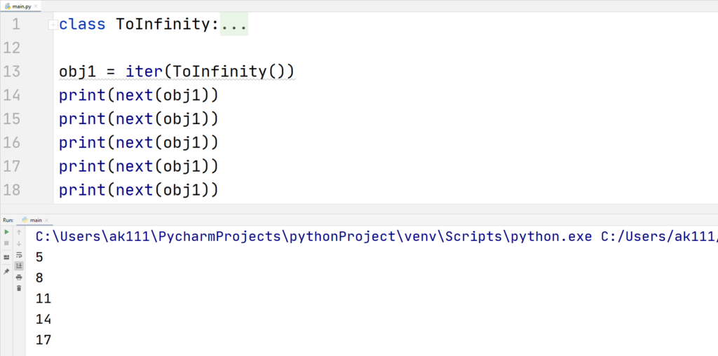 Python infinite iteration output