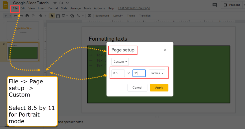 Google slides portrait mode page orientation