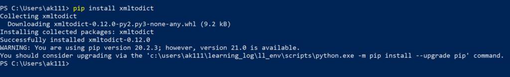 Python XML -Conversion of XML to other data types - Installing xmltodict - command prompt output
