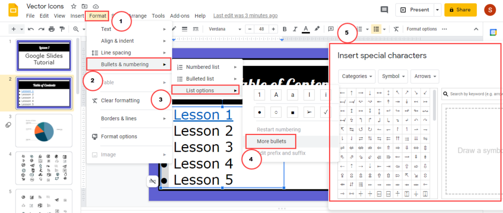 Google Slides insert special characters bulleted points