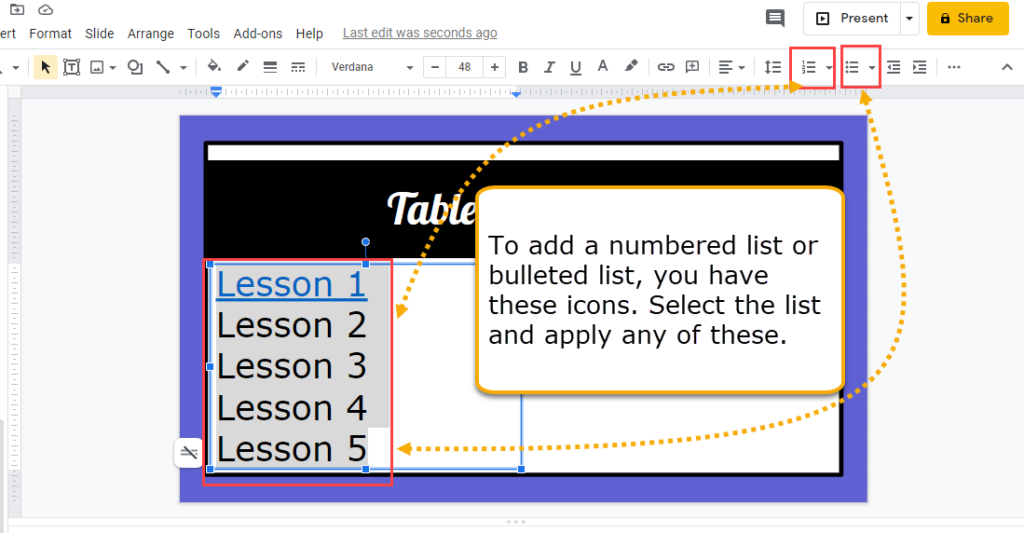 Google slides bulleted list numbered list