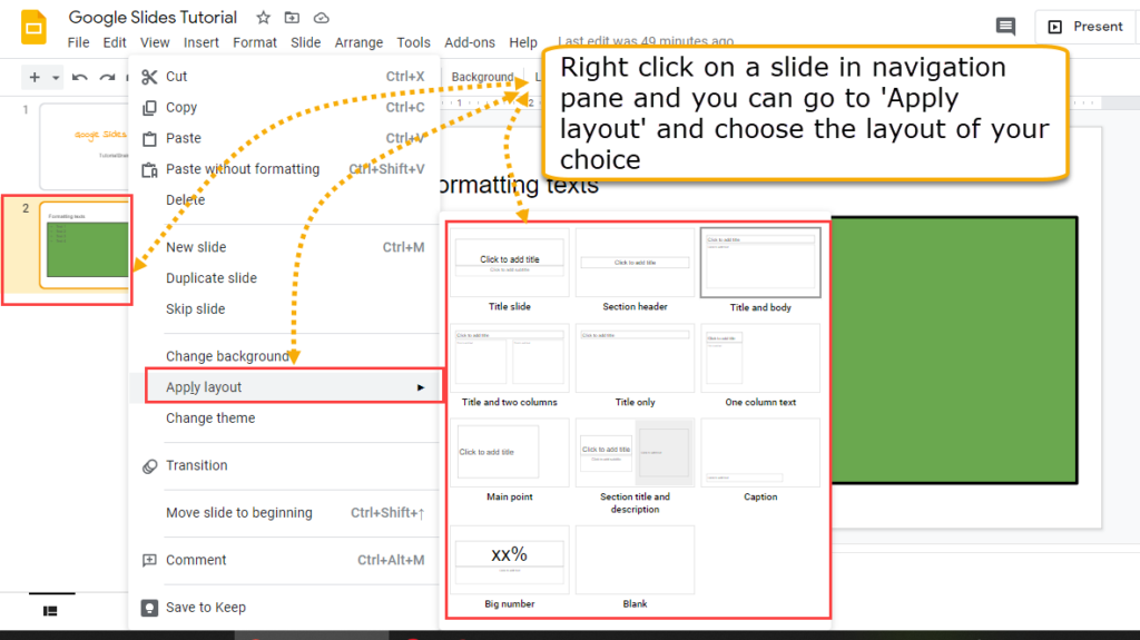 Google slides change layout navigation pane tutorialbrain