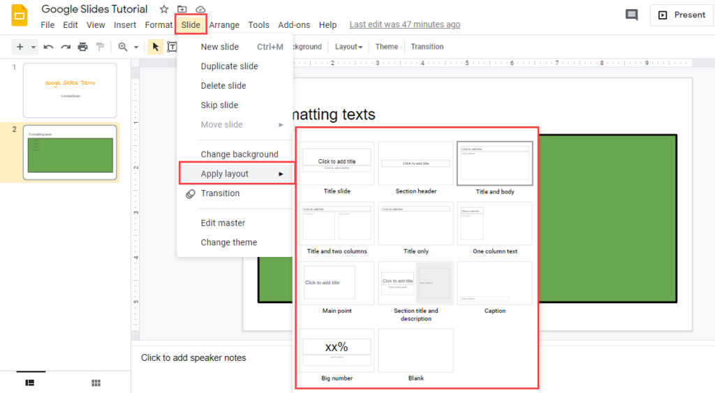 Google slides change layout tutorialbrain