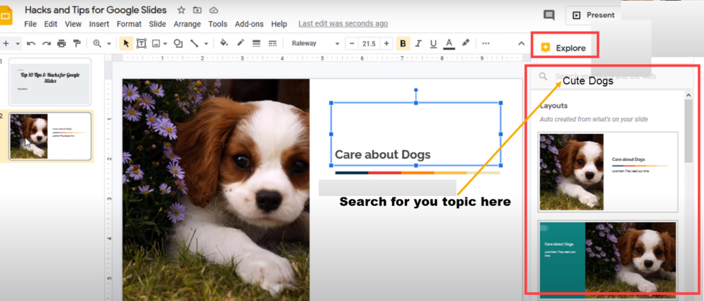 Google slides explore button layouts