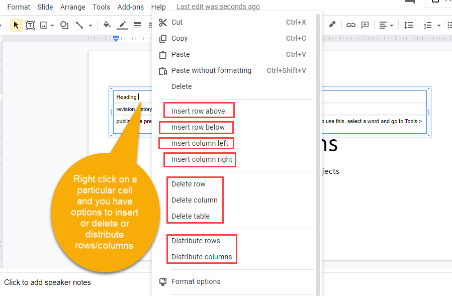 Google slides insert delete distribute rows columns