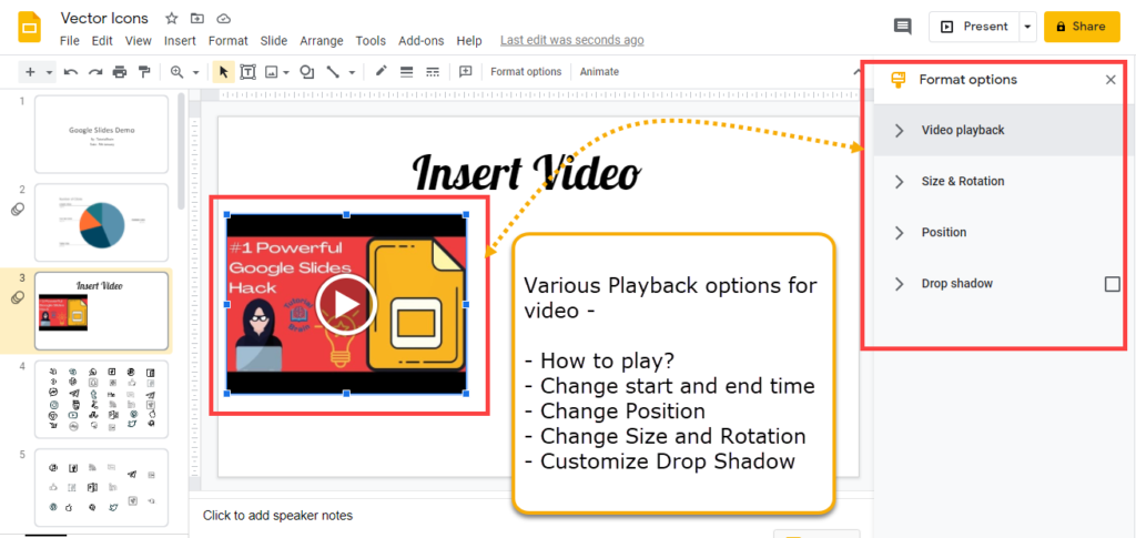 Google slides insert video playback option