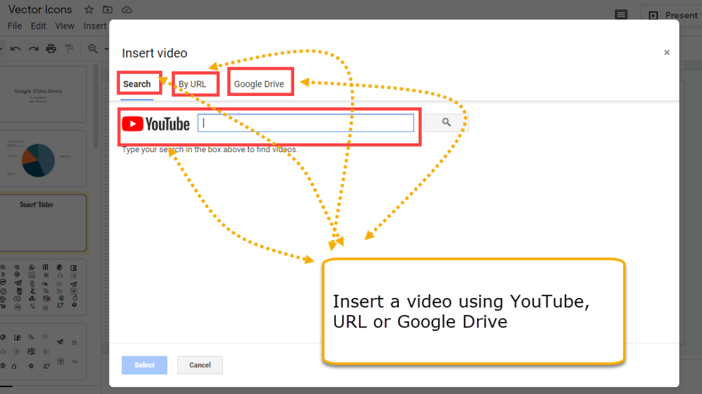 Google slides - insert video using youtube search, YouTube url, google drive