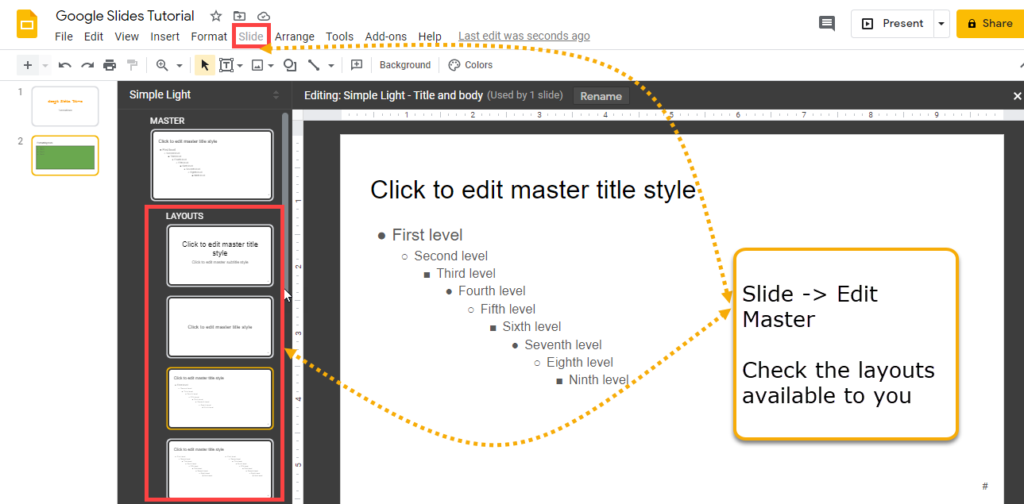 Google slides layout under edit master slide