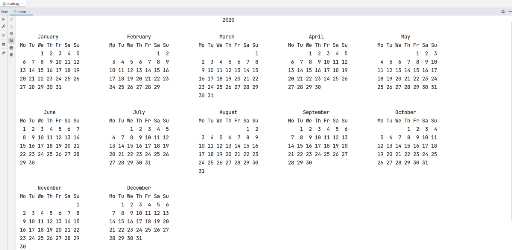 Python Calendar - Print Calendar of an year