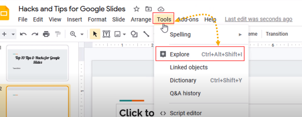 google slides explore button