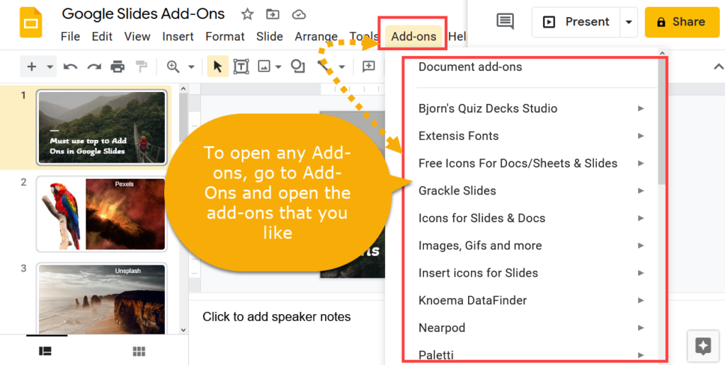 google slides how to open add ons