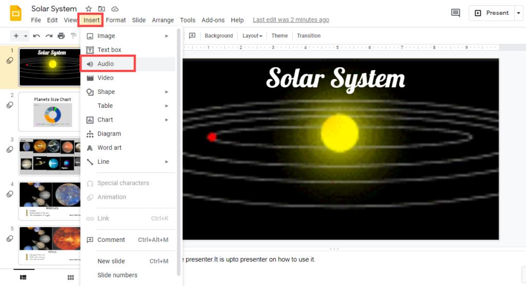 google slides insert audio