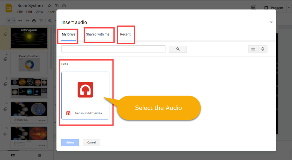 google slides insert audio options