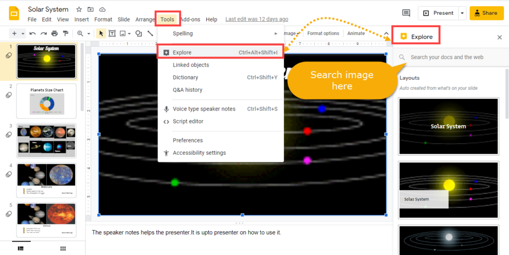 google slides insert image using explore
