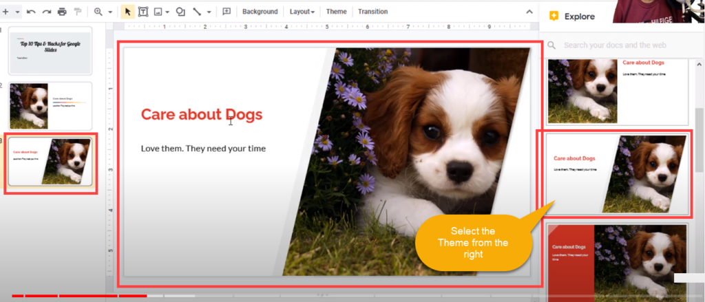 google slides select themes from right navigation pane