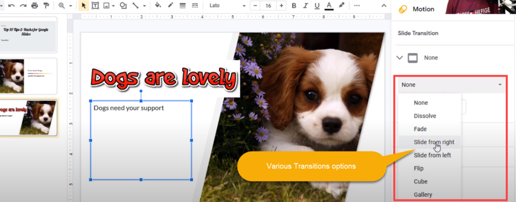 google slides various transitions options